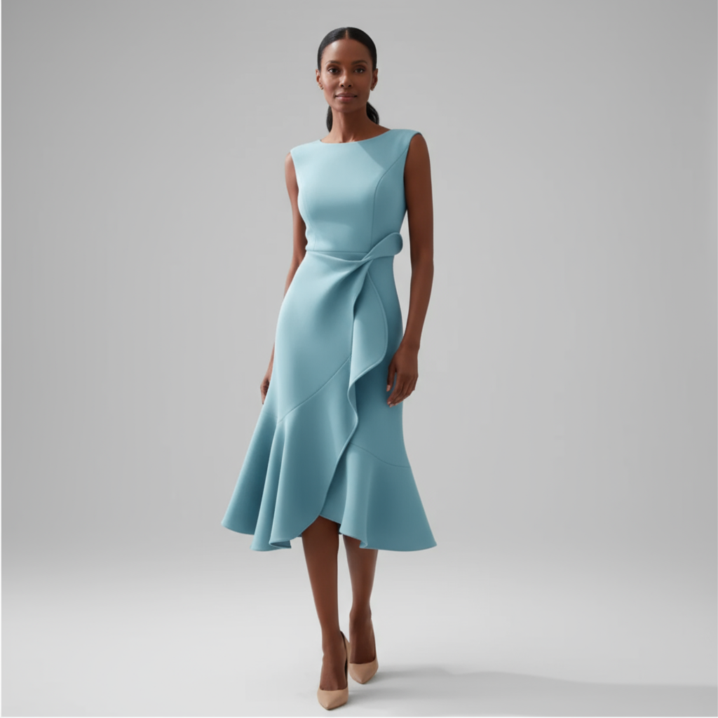 Light blue sleeveless midi dress with asymmetrical ruffle and tie waist