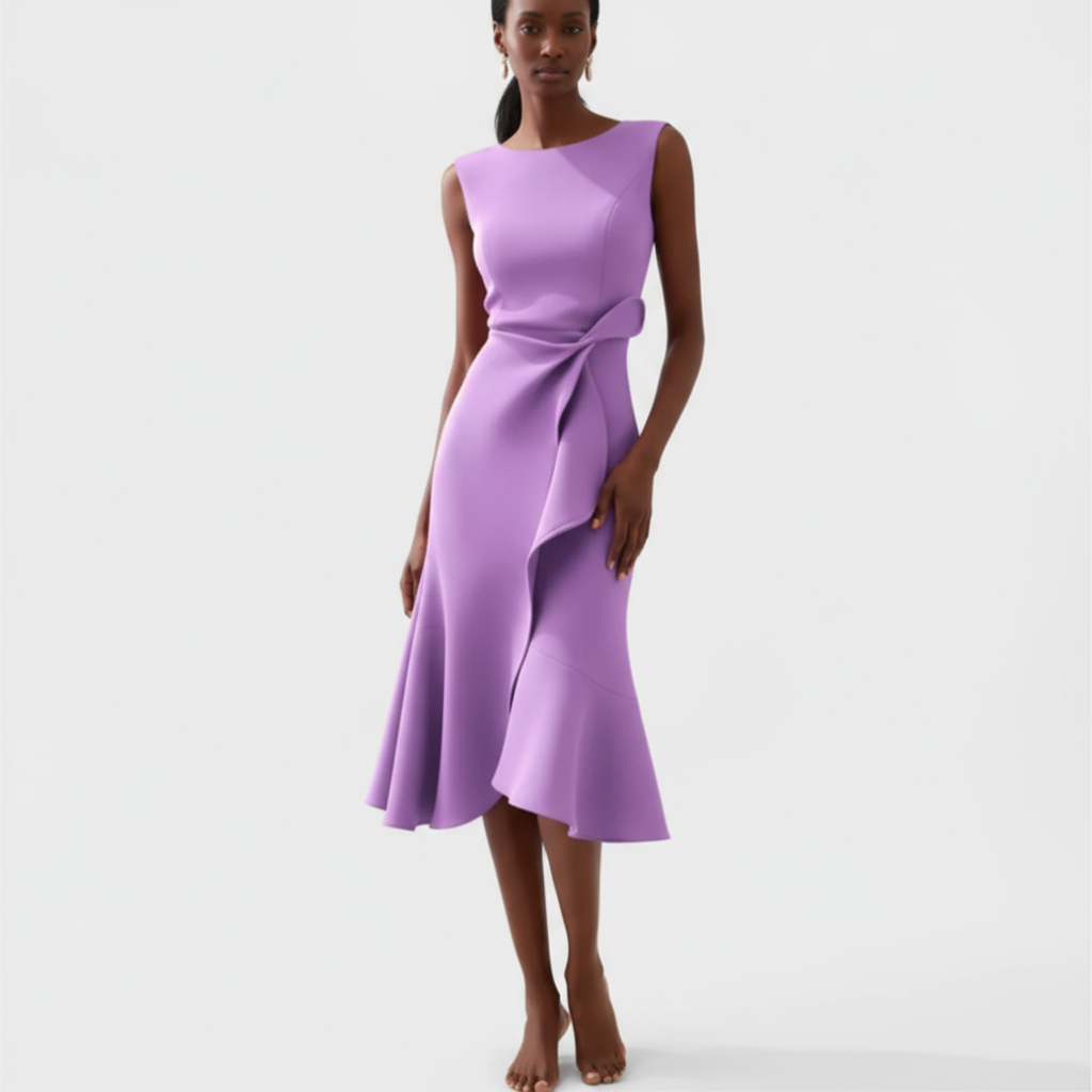 Lavender sleeveless midi dress with side ruffle detail and wrap closure