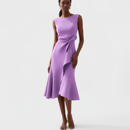 Lavender sleeveless midi dress with side ruffle detail and wrap closure