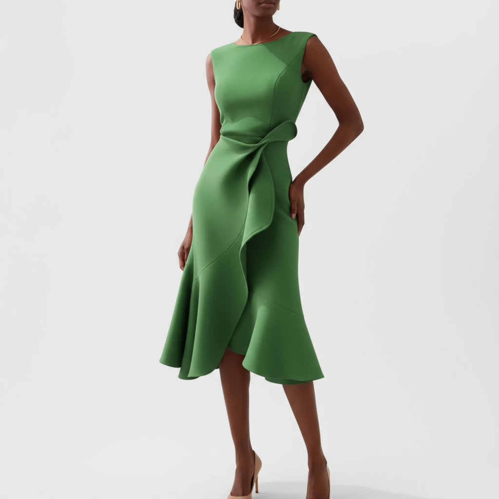 Emerald green sleeveless midi dress with flowing ruffle skirt panel