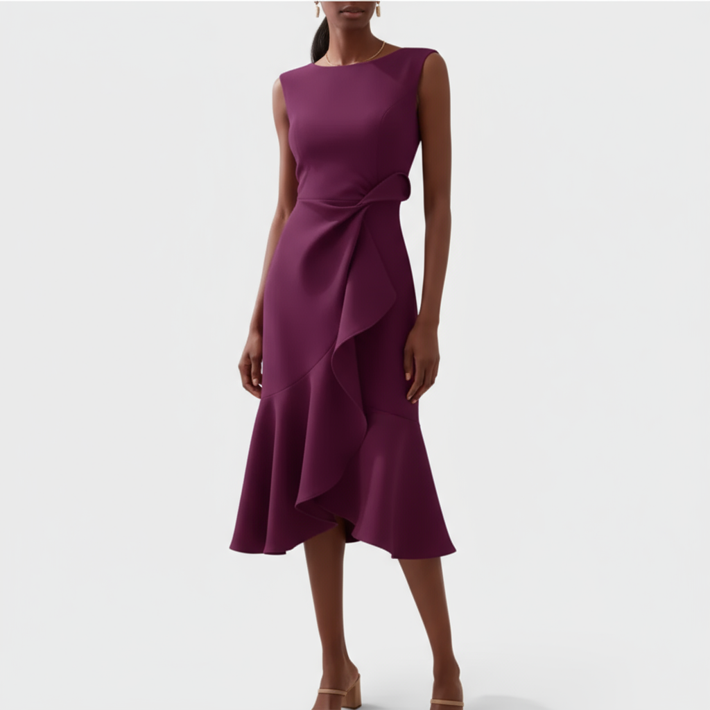 Plum sleeveless midi dress with asymmetrical ruffle front and tie detail