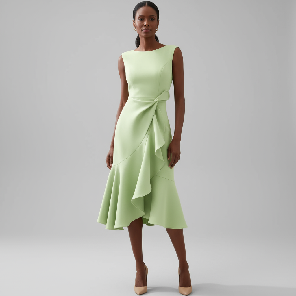 Pale yellow sleeveless midi dress with cascading ruffle and waist tie