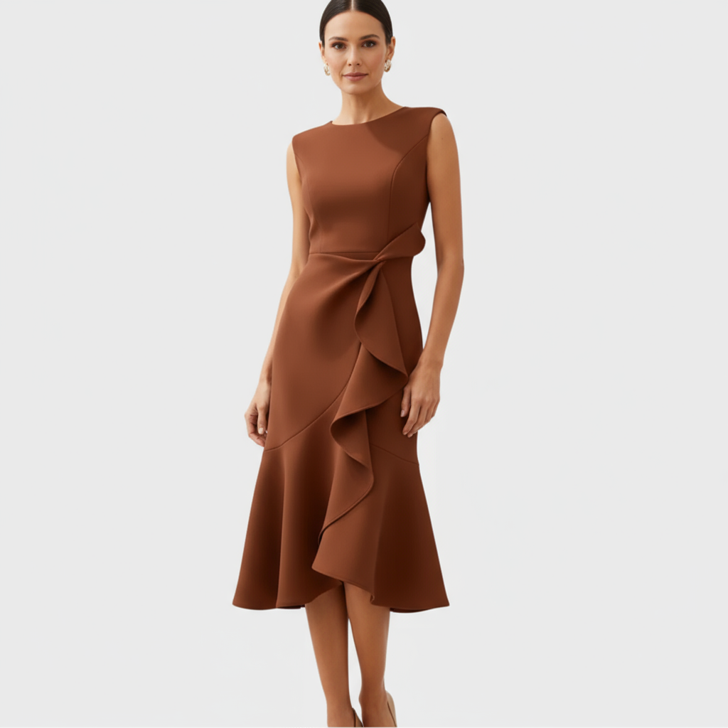 Caramel brown sleeveless midi dress with dramatic ruffle front panel