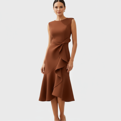 Caramel brown sleeveless midi dress with dramatic ruffle front panel
