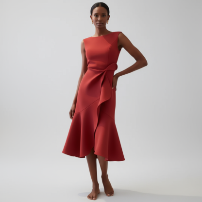 Red sleeveless midi dress with asymmetrical ruffle skirt and waist tie
