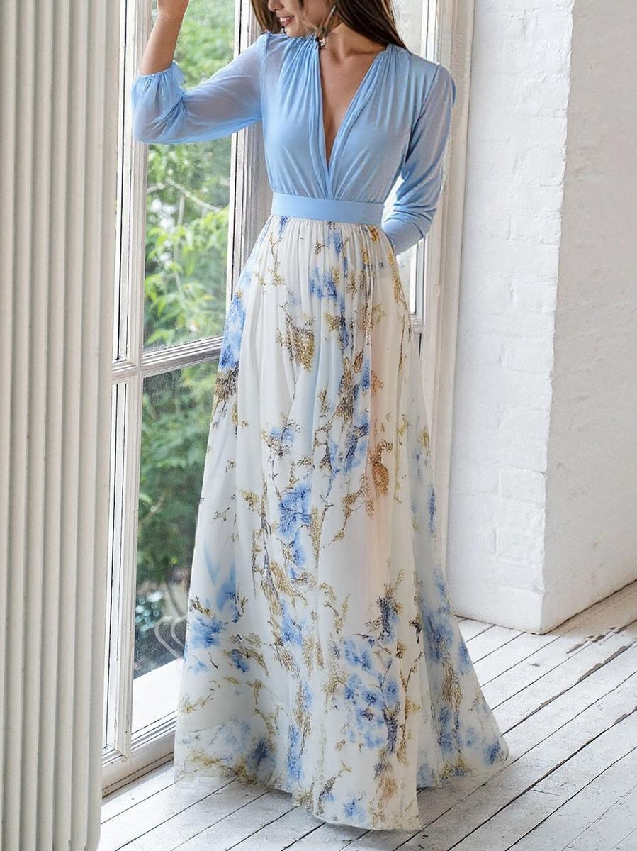 Blue v-neck maxi dress with gold and blue floral print for wedding guest occasions