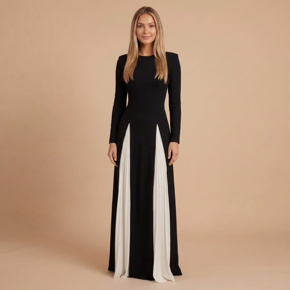 Long-sleeve black and white pleated maxi dress with crew neckline for formal occasions
