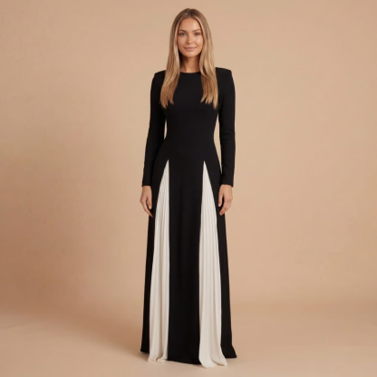Long-sleeve black and white pleated maxi dress with crew neckline for formal occasions