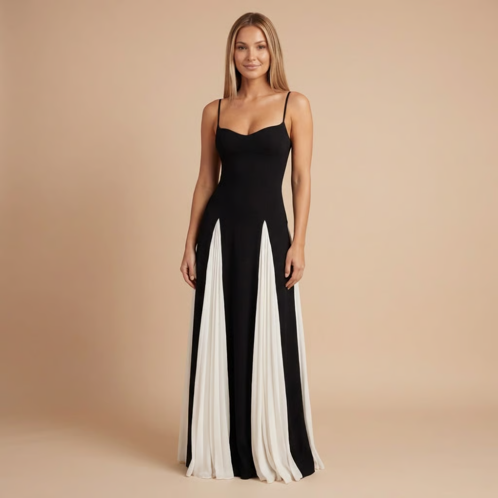 Black and white colorblock maxi dress with sweetheart neckline and pleated white panels for women