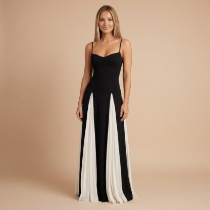 Black and white colorblock maxi dress with sweetheart neckline and pleated white panels for women