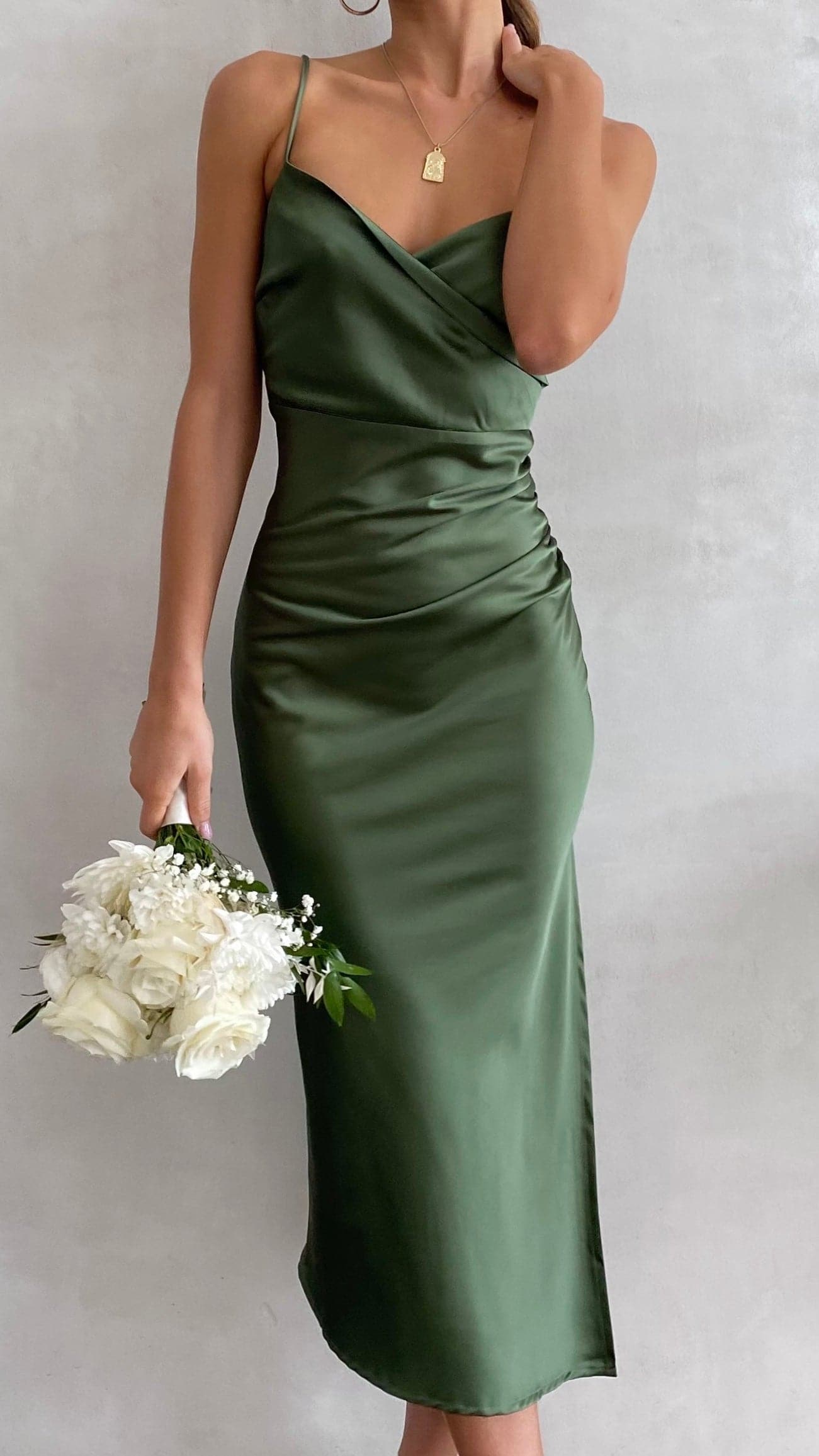 Sage green wrap midi dress with ruched side detail and thin straps