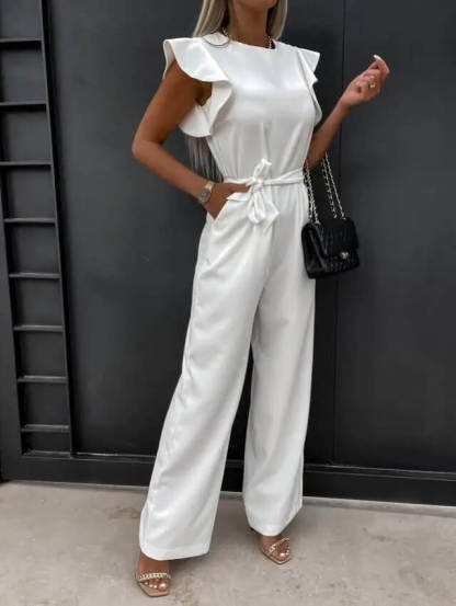 Cream ruffle sleeve jumpsuit with wide-leg silhouette and belt