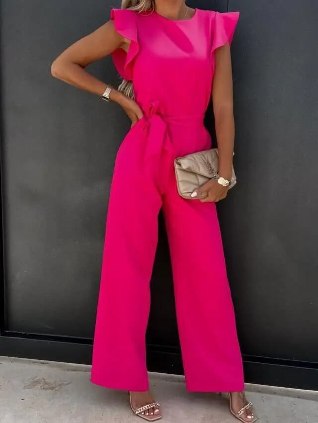 pink ruffle jumpsuit with wide-leg pants and tie waist