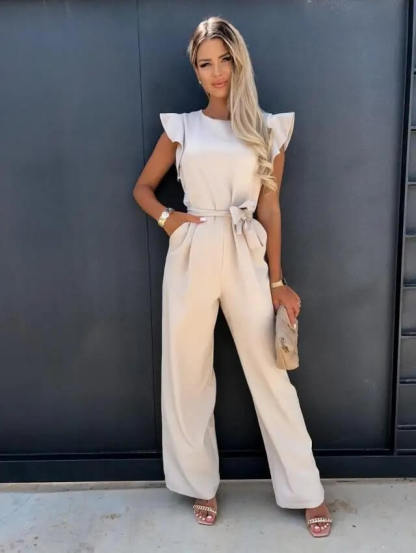 Cream ruffle sleeve jumpsuit with tie waist and wide-leg pants