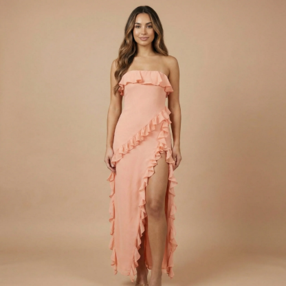 Blush strapless ruffle maxi dress with cascading side slit detail for women