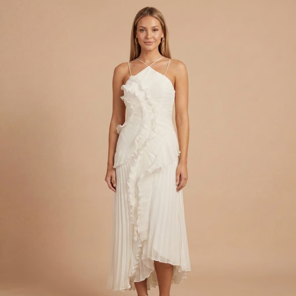 Cream halter midi dress with tiered ruffle detailing and high-low hem