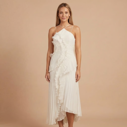 Cream halter midi dress with tiered ruffle detailing and high-low hem
