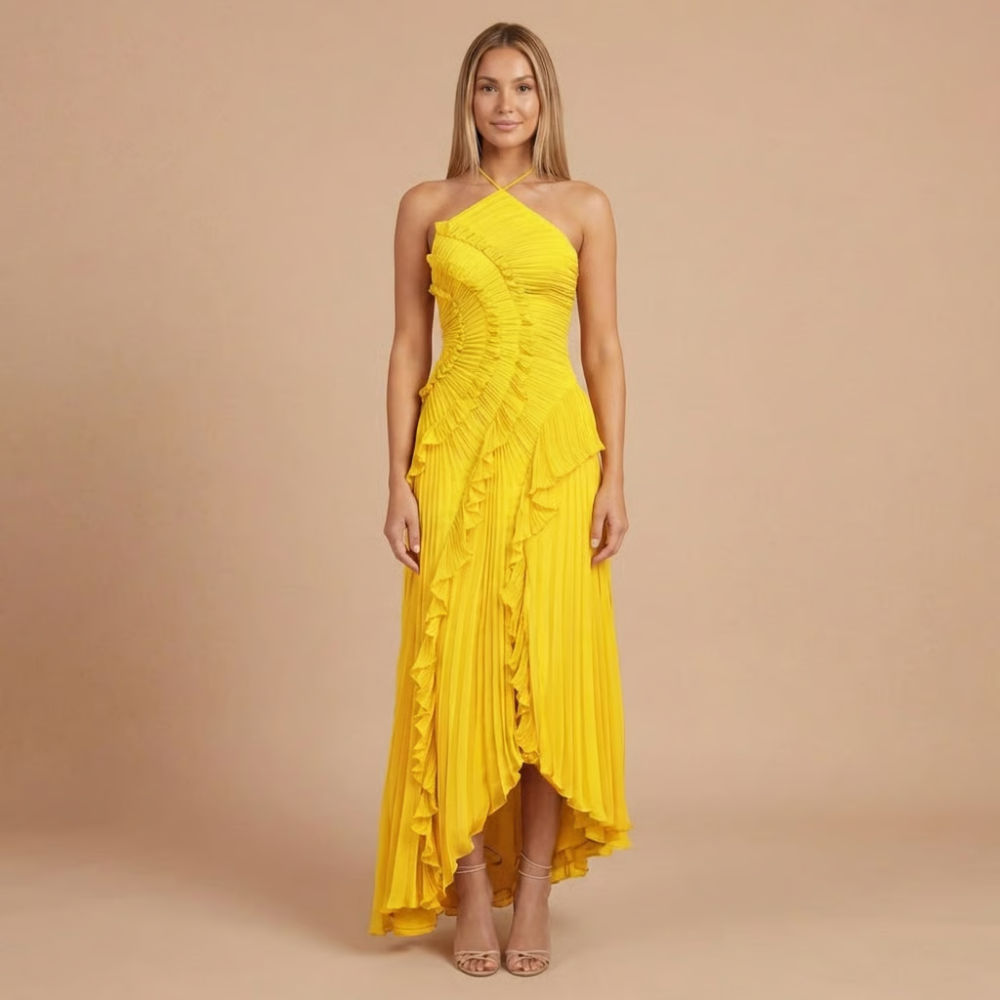 Bright yellow halter midi dress with cascading ruffle pleats