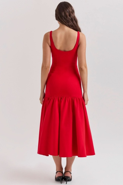 Red ruffle midi dress back view with scoop neckline and voluminous ruffled hem