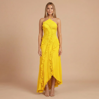 Bright yellow halter midi dress with cascading ruffle pleats