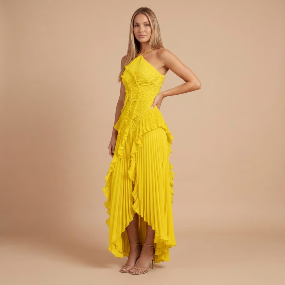Side view of yellow ruffle midi dress with asymmetrical hemline