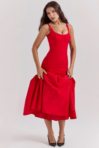 Red sleeveless ruffle midi dress front detail showing fitted bodice and layered skirt