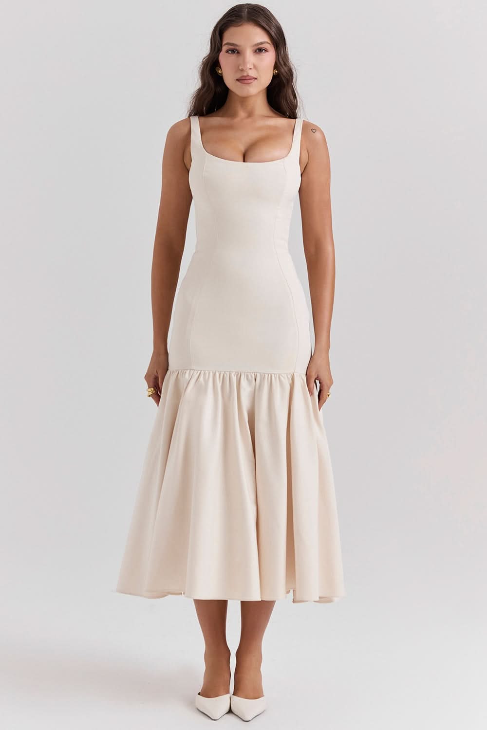 Cream sleeveless ruffle midi dress with square neckline and full skirt