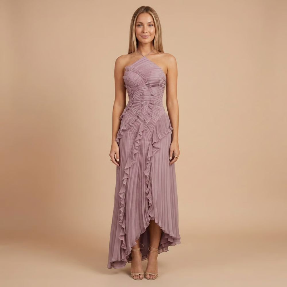 Mauve halter midi dress with cascading ruffle pleats and asymmetrical hem