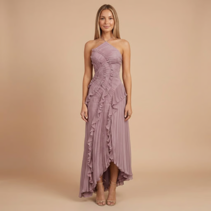 Mauve halter midi dress with cascading ruffle pleats and asymmetrical hem