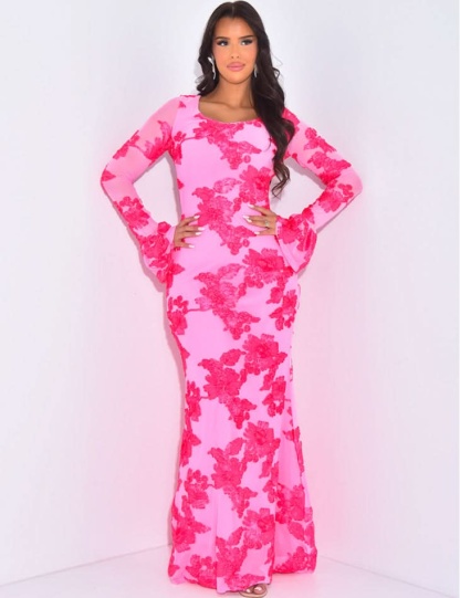 pink sequin maxi dress with long sleeves and all-over floral sequin design
