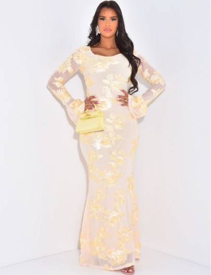 Cream sequin maxi dress with gold floral pattern and sheer long sleeves