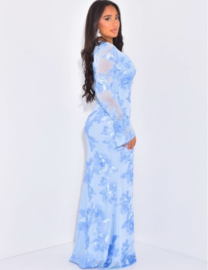 Blue sequin maxi dress back view showing sheer mesh and fitted silhouette