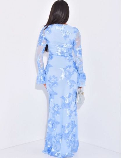 Light blue sequin maxi dress back view with bell sleeves and floral sequins