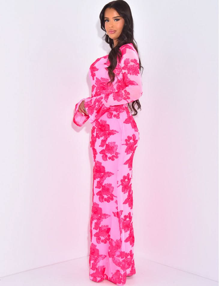 pink sequin maxi dress side view with long sleeves and bodycon fit
