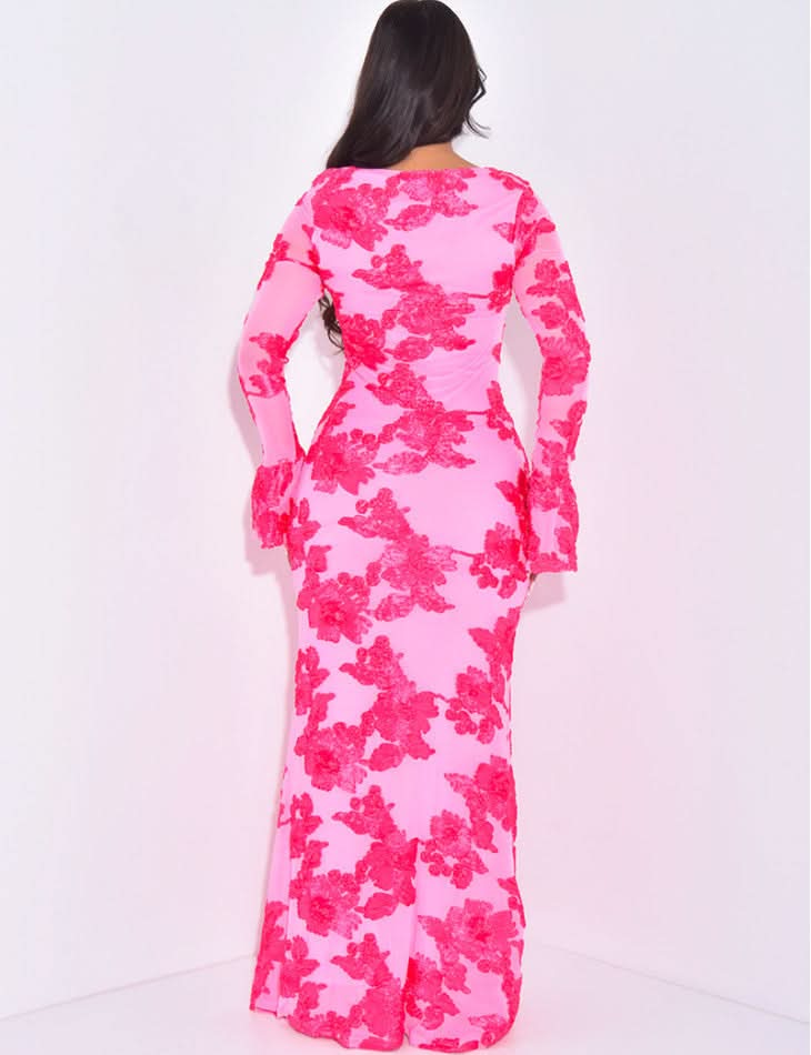 Fuchsia sequin maxi dress back view with flared bell sleeves and long train