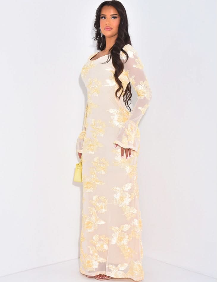 Champagne sequin maxi dress side view with bell sleeves and gold floral sequins