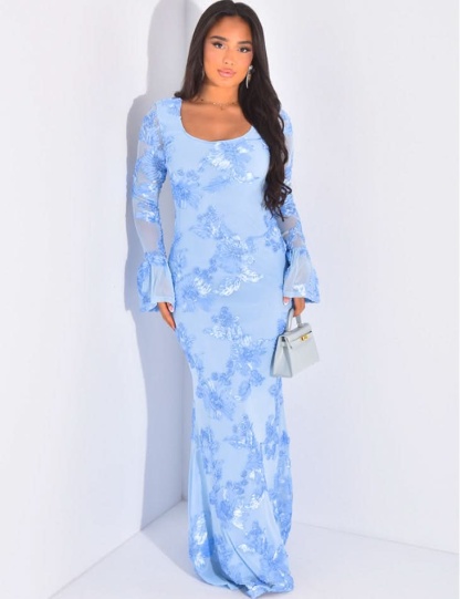 Light blue sequin maxi dress with long bell sleeves and floral pattern