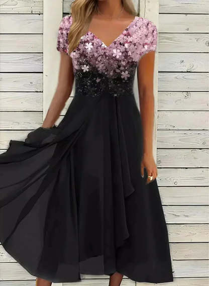 Sequin midi dress featuring mauve floral gradient bodice and black pleated skirt
