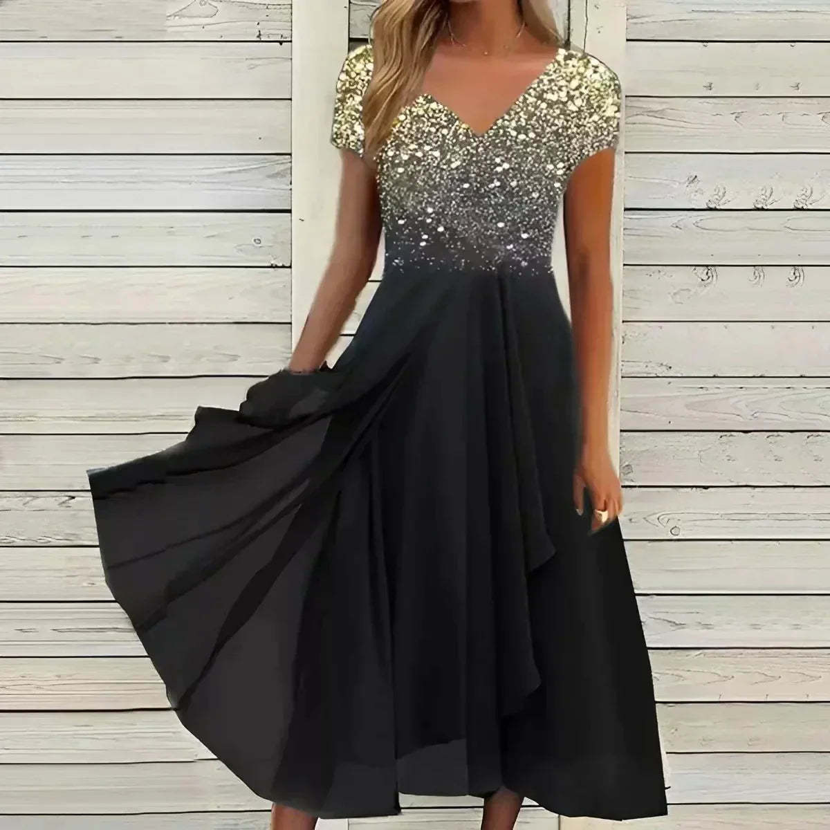 Silver sequin midi dress with v-neckline and black flowing chiffon skirt