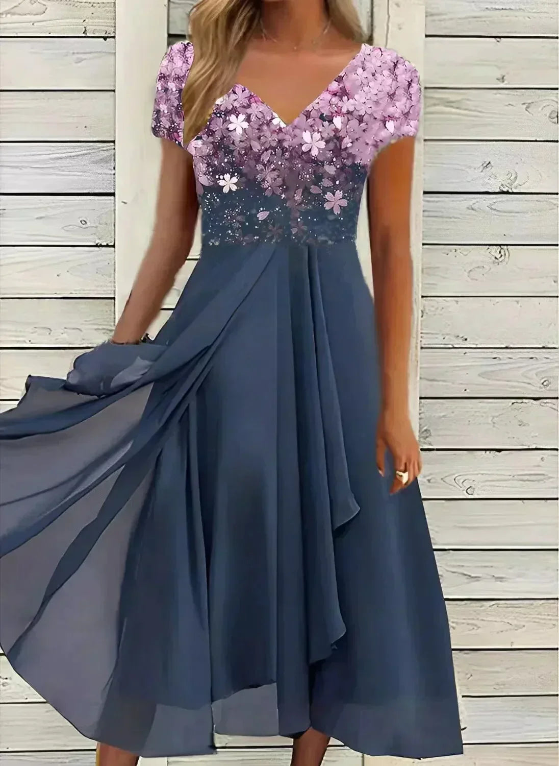 Sequin midi dress with pink-to-teal ombre bodice and navy flowing skirt