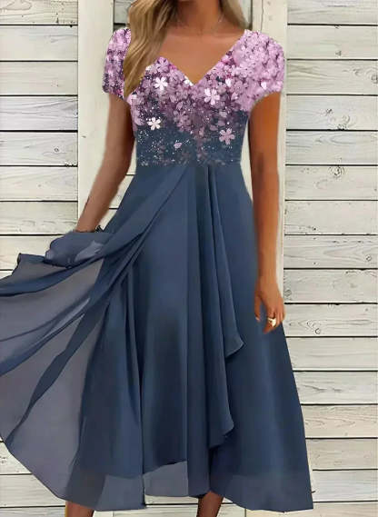 Sequin midi dress with pink-to-teal ombre bodice and navy flowing skirt