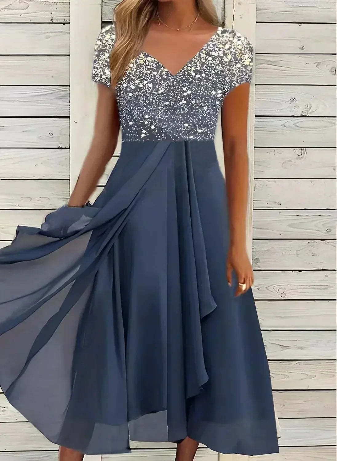 Silver sequin short-sleeve midi dress with navy chiffon skirt detail