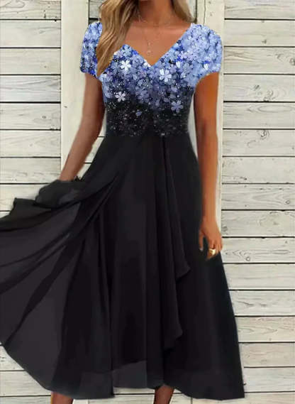 Sequin midi dress with blue floral ombre bodice and black flowing skirt