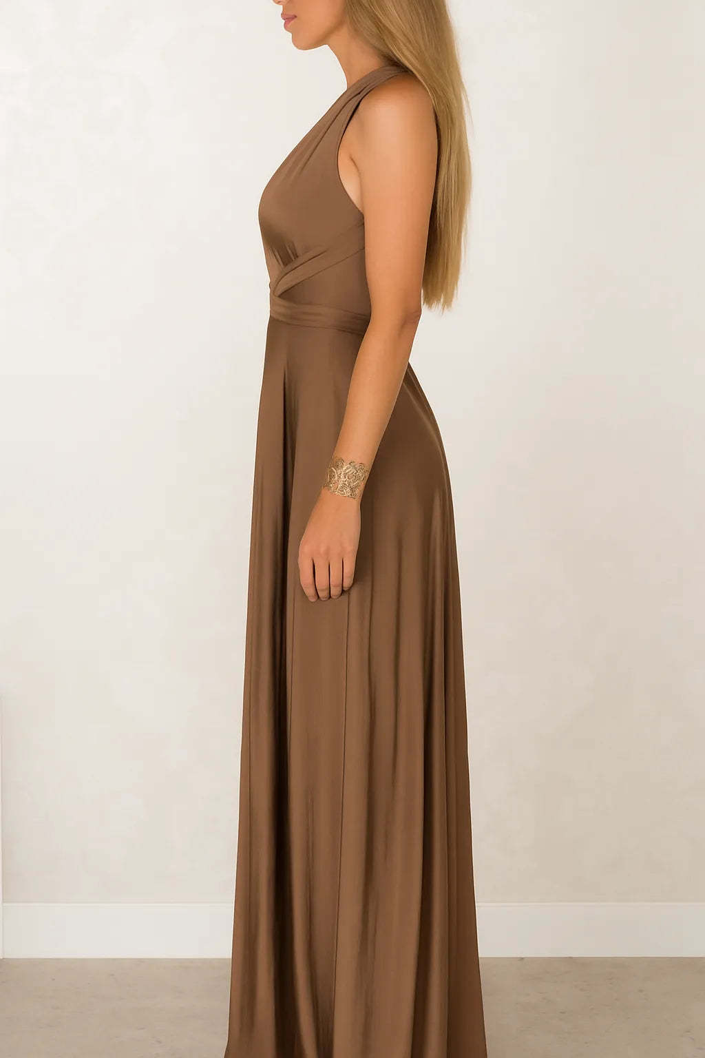 Side view of taupe maxi dress showing wrapped waist detail