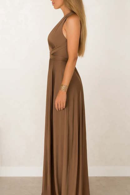 Side view of taupe maxi dress showing wrapped waist detail