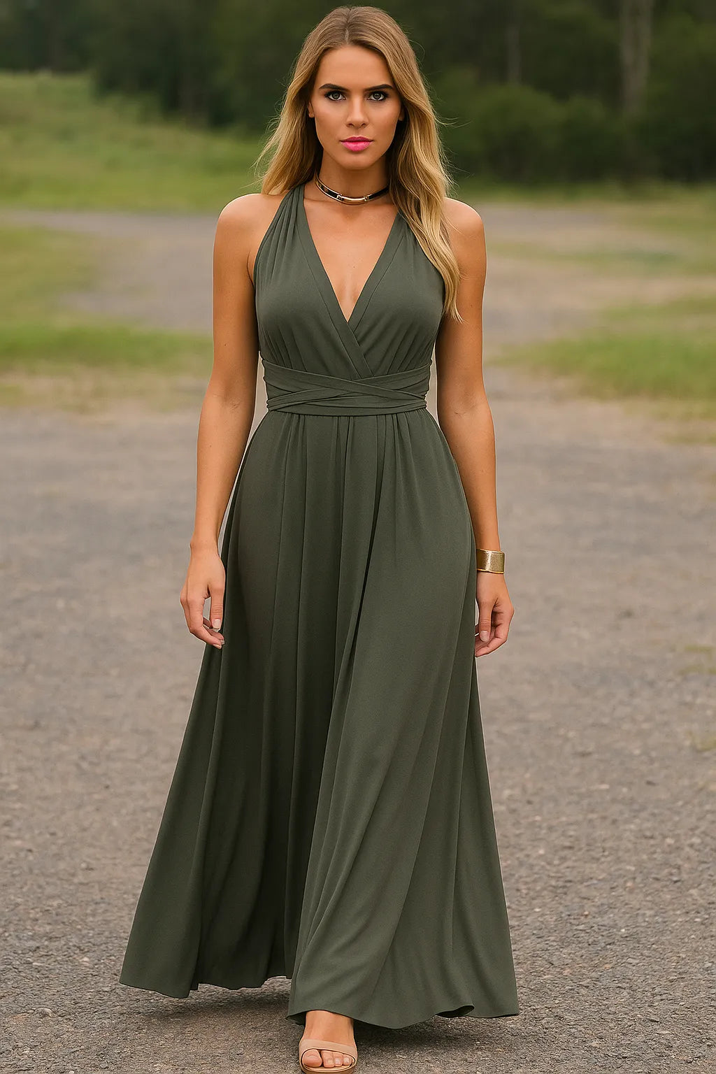Olive green wrap maxi dress front view with wrapped waist