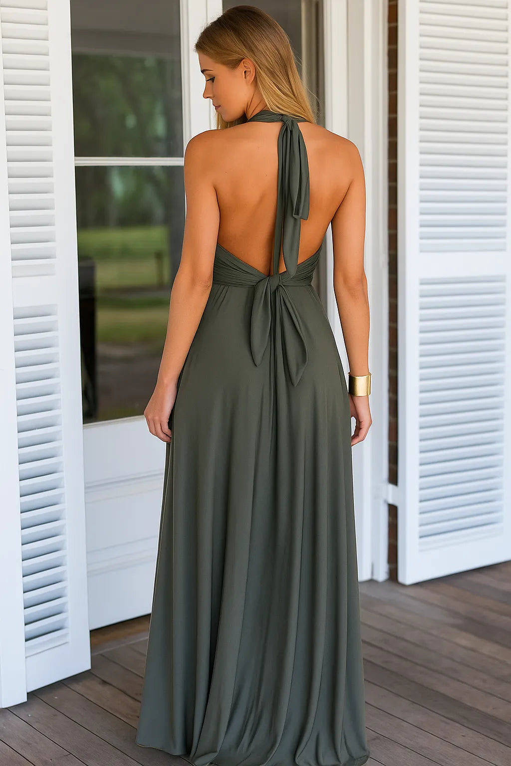 Back view of olive wrap maxi dress showing tie-back detail