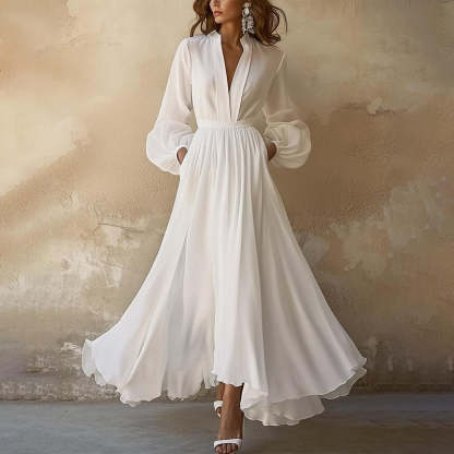 Ivory chiffon maxi dress with V-neckline and blouson sleeves for women