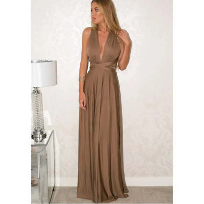 Taupe wrap maxi dress with deep V-neckline and cinched waist
