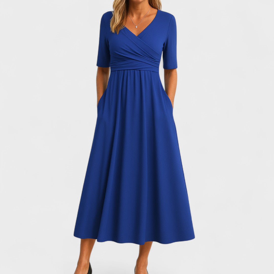 Royal blue wrap midi dress with half sleeves and full skirt